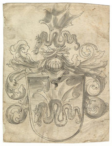 Abb.: Lucas Cranach d. Ä. Cranachs Wappen, um 1508 Feder in schwarzer Tinte, grau laviert, 15,7 x 20,6 cm Universitätsbibliothek Erlangen, Graphische Sammlung, Inv. Nr. B 1312