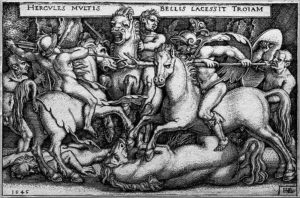 Abb.: Sebald Beham, Hercules kämpft mit den Trojanern, 1545, Erlangen, Graphische Sammlung der Universitätsbibliothek