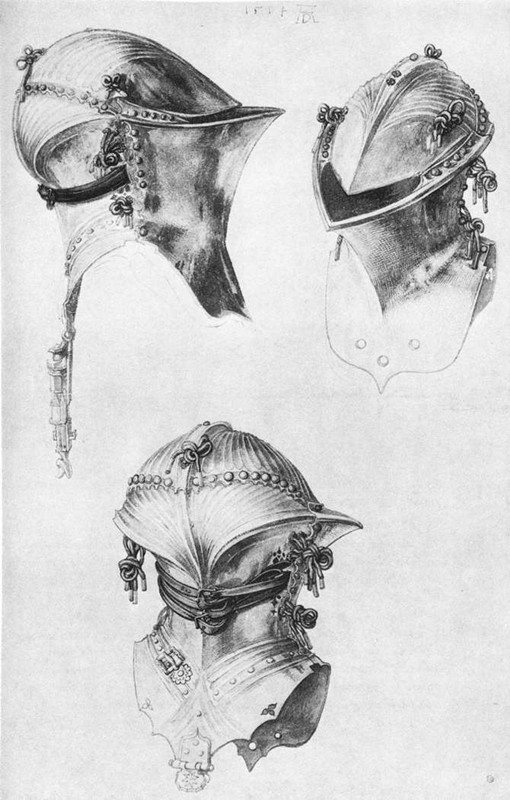 Albrecht Dürer, Stechhelm, Turnierhelm in drei Ansichten, ca. 1503. Bildnachweis: Wikipedia.