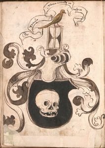 Wappen des Todes aus dem Wernigeroder Schaffenhausensches Wappenbuch, im Schildfeld Totenkopf darüber Helmzier mit Studenglas und Vogel