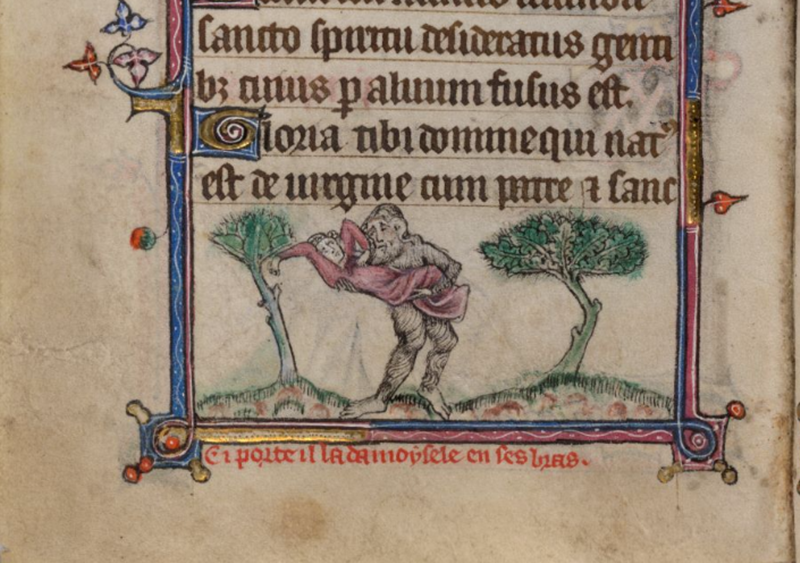 Stundenbuch von Taymouth, Detail: Ein wilder Mann raubt eine Jungfrau, 1325–40, fol.62v. Bildnachweis: British Library.