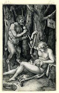 Kupferstich von Albrecht Dürer zeigt eine Satyrfamilie, Hochformat