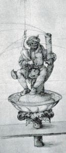 Albrecht Dürer, Studie zu Tischbrunnenzeichnung, Detail: Bauer mit Gans, um 1500.