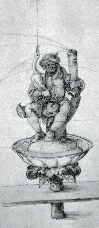 Albrecht Dürer, Studie zu Tischbrunnenzeichnung, Detail: Bauer mit Gans, um 1500. Bildnachweis: Wiewelhove, H.: Tischbrunnen. Forschungen zur Europäischen Tafelkultur, 2002, o.S..