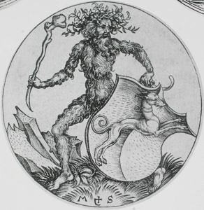 Martin Schongauers Wilder Mann mit Wappenschild, runde Darstellung mit Signatur
