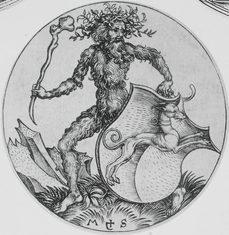 Martin Schongauer, Wilder Mann mit Wappenschild, 1480-90. Bildnachweis: Prometheus Bildarchiv (dort nach: Kemperdick, S.: Martin Schongauer. Eine Monographie, 2004, S. 153, K102.)