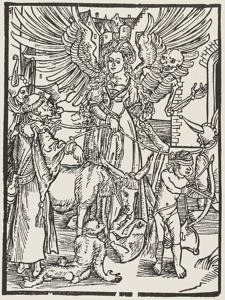 Albrecht Dürer, Dame Venus, die Mönch, Narren, Esel und Affen an der Leine hält, 1494