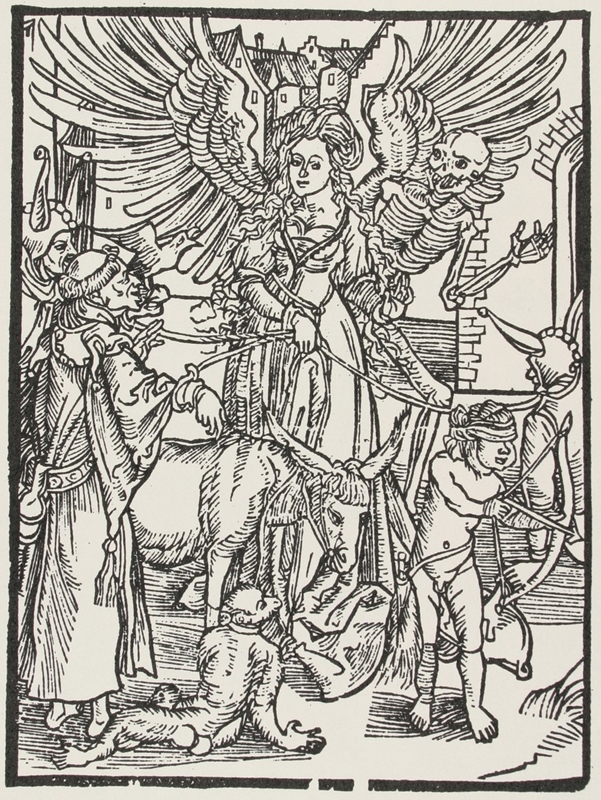 Albrecht Dürer, Dame Venus, die Mönch, Narren, Esel und Affen an der Leine hält, 1494. Bildnachweis: Prometheus Bildarchiv (dort nach: Stewart, A. G. Unequal Lovers. A Study of Unequal Couples in Northern Art. 1977, o.S.)