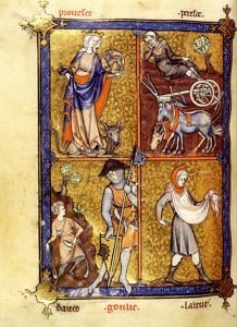 Maître Honoré, La Somme le Roy, Detail mit Allegorie der Tapferkeit, der Trägheit (oben), Kampf des Davids gegen Goliath, säender Landmann (unten), um 1300