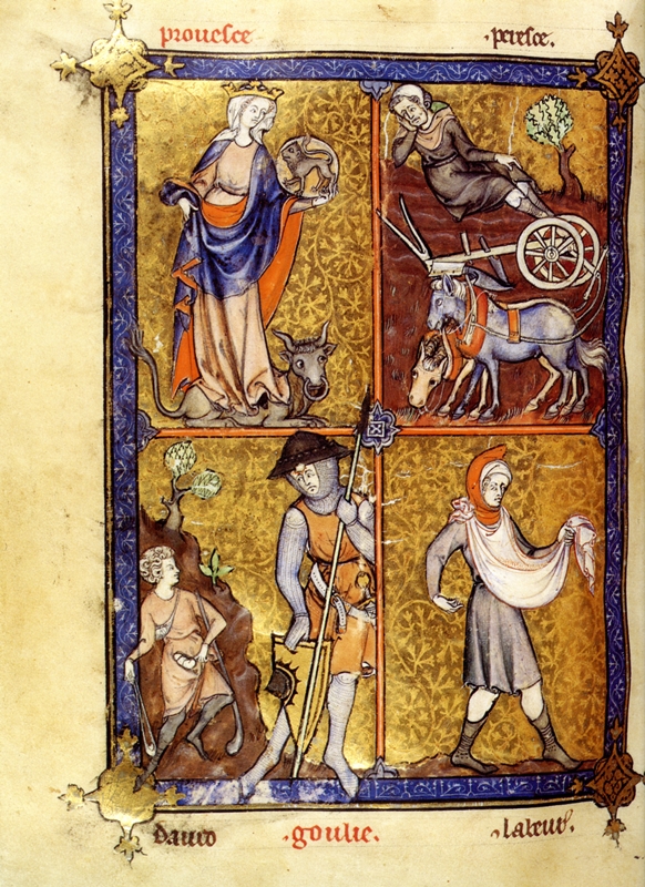 Maître Honoré, La Somme le Roy, Detail mit Allegorie der Tapferkeit, der Trägheit (oben), Kampf des Davids gegen Goliath, säender Landmann (unten), um 1300. Bildnachweis: Prometheus Bildarchiv (dort nach: Sed-Rajna, G. (Hrsg.): Die jüdische Kunst. 1997, Abb. 440.)