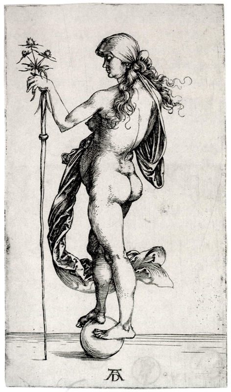 Albrecht Dürer, Fortuna (Das kleine Glück), um 1495/96. Bildnachweis: Prometheus Bildarchiv (dort nach: Schoch, R. u.a.: Albrecht Dürer. Das druckgraphische Werk, Bd. 1, München u.a. 2001, S. 36, Kat.-Nr. 5.)