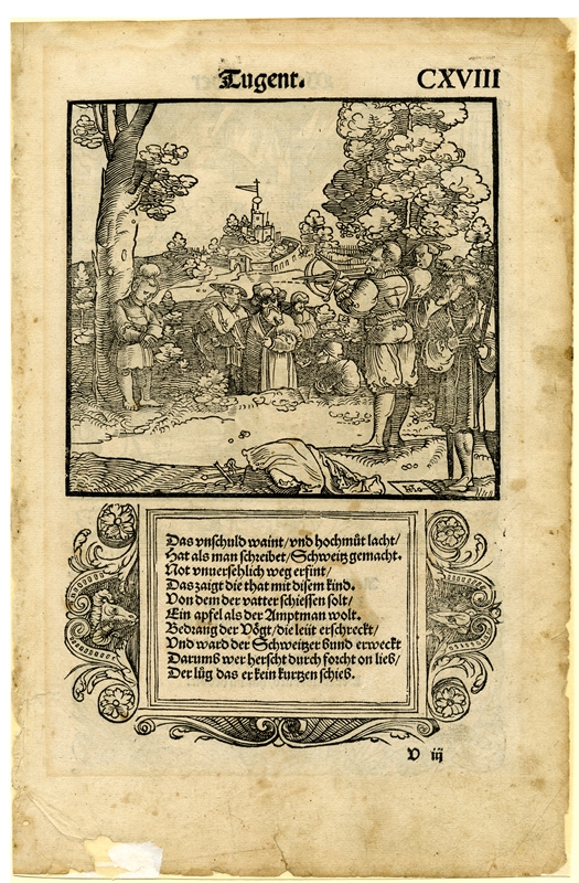 Hans Schäufelein, Der Apfelschuss des Wilhelm Tell, 1534. In: Johann von Schwarzenberg, Der Teütsch Cicero, fol. 118r.