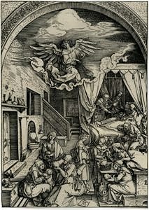 Albrecht Dürer: Das Marienleben: V. Die Geburt Mariens, genannt „Die Wochenstube“, Monogramm, um 1503