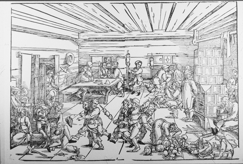 Sebald Beham, Die Spinnstube, 1524. Bildnachweis: Prometheus Bildarchiv (dort nach: Geisberg, M.: Der Deutsche Einblatt-Holzschnitt in der ersten Hälfte des XVI. Jh.,1926, Abb. XXXVI, 1; Kat. Nr. 154.)