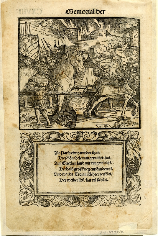 Hans Schäufelein, Das hölzerne Pferd, 1534. In: Johann von Schwarzenberg, Der Teütsch Cicero, fol. 118v. Bildnachweis: Museen der Stadt Nürnberg.
