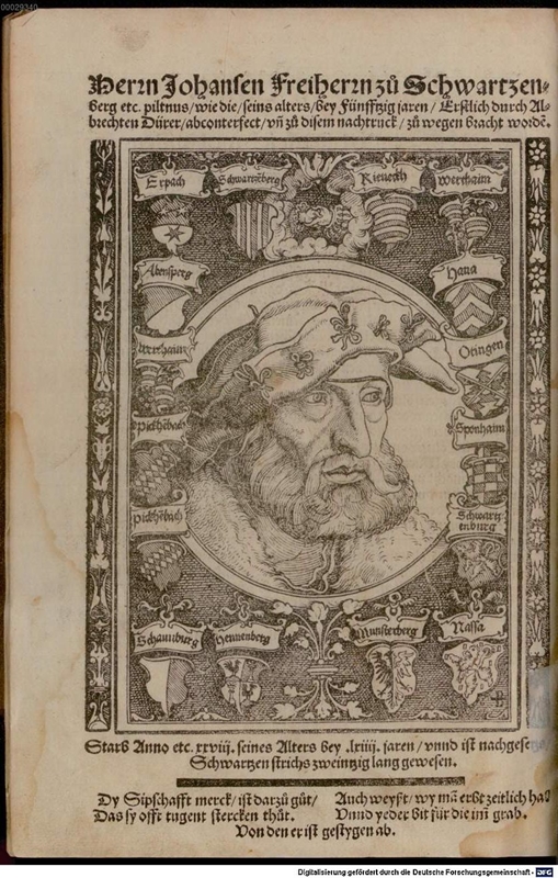 Jörg Breu d. Ä. (?), Porträt Johanns von Schwarzenberg, 1534. In: Johann von Schwarzenberg, Der Teütsch Cicero, fol. 169v. Bildnachweis: Münchener DigitalisierungsZentrum/Bayerische Staatsbibliothek.
