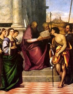 Gemälde des Sebastiano del Piombo mit dem hl. Johannes Chrysostomus, der hl. Katharina und anderen Heiligen