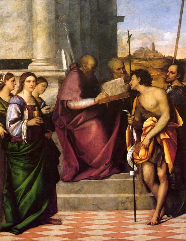 Sebastiano del Piombo, San Giovanni Crisostomo, Der Heilige Johannes Chrysostomos zwischen den Heiligen Katharina, Magdalena, Lucia und den Heiligen Johannes dem Evangelisten, Johannes dem Täufer und Theodor, 1510-11. Bildnachweis: Prometheus Bildarchiv (dort nach: Romanelli, G. (Hrsg.): Venedig I. Kunst & Architektur, 1997, S. 302.)