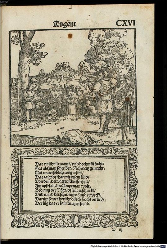 Hans Schäufelein, Der Apfelschuss der Wilhelm Tell, 1535. In: Johann von Schwarzenberg, Der Teütsch Cicero, fol. 116r. Bildnacweis: Münchener DigitalisierungsZentrum/Bayerische Staatsbibliothek.
