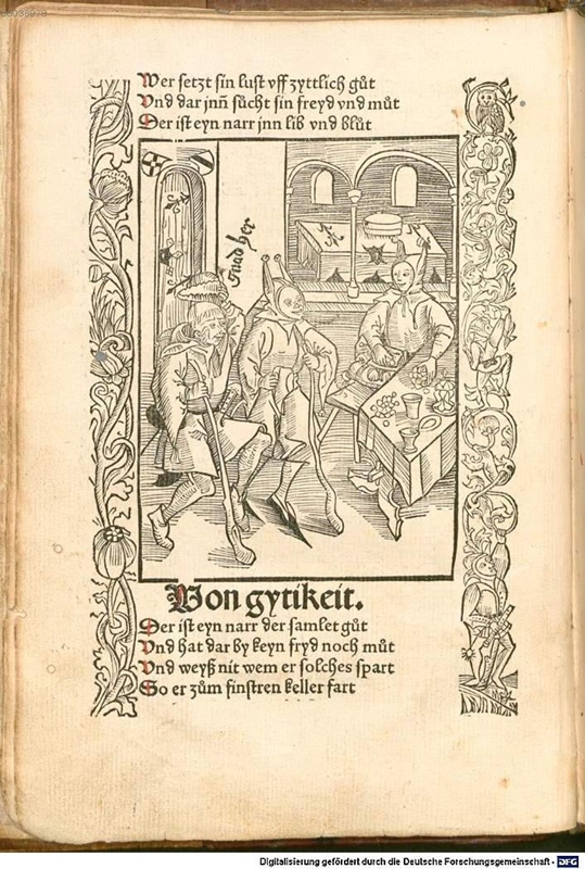 Unbekannter Künstler, Von Gytigkeit, 1494. In: Sebastian Brant, Das Narrenschiff, fol. 6v. Bildnachweis: Münchener DigitalisierungsZentrum/Bayerische Staatsbibliothek.