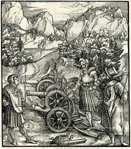 Holzschnitt von Hans Schäufelein, Theuerdank beim Zünden einer Kanone, 1519