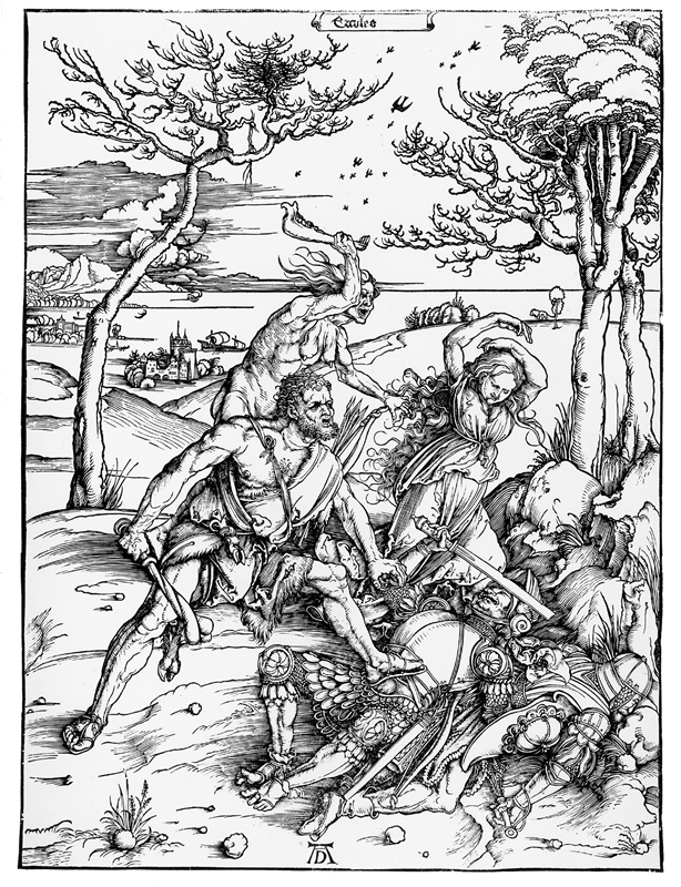 Albrecht Dürer, Ercules, um 1496. Bildnachweis: Prometheus Bildarchiv (dort nach: Germanisches Nationalmuseum Nürnberg (Hrsg.): Albrecht Dürer. 80 Meisterblätter. Holzschnitte, Kupferstiche und Radierungen aus der Sammlung Otto Schäfer, Ausst. Kat., 2000/2001, S. 41, Kat. Nr. 11.)
