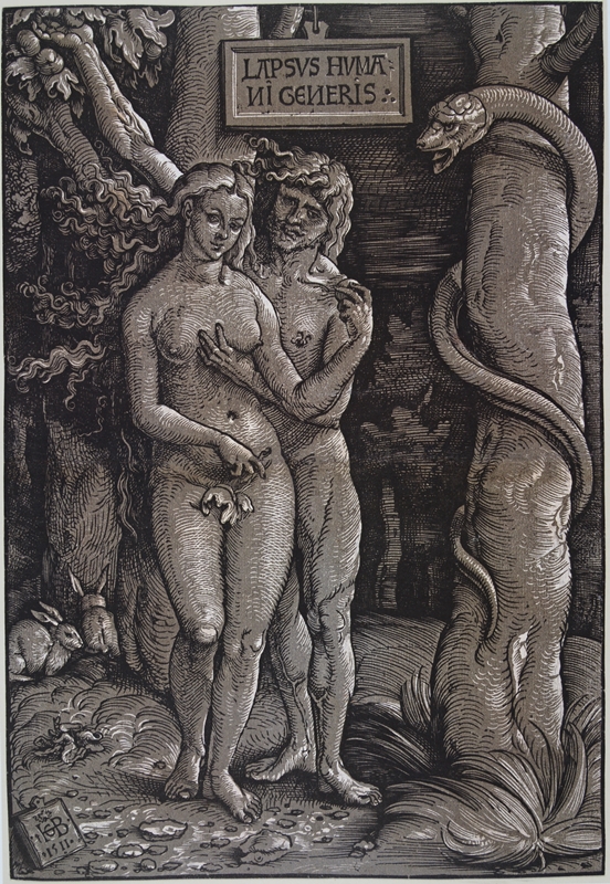 Hans Baldung Grien, Der Sündenfall, 1511. Bildnachweis: Prometheus Bildarchiv (dort nach: Gnann, A.: In Farbe! Clair-obscur-Holzschnitte der Renaissance, 2013, S. 55. Kat. 12.)