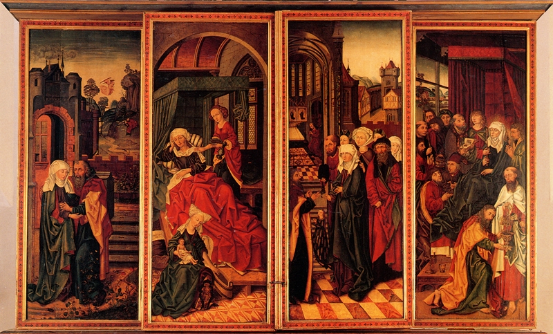 Michael Wolgemut und Werkstatt, Flügel des Marien- und Passionsaltars des Sebald Peringsdörfer aus der Kirche der Augustiner-Eremiten in Nürnberg; Erste Wandlung: Joachim und Anna begegnen sich an der Goldenen Pforte (links außen), der Tod Mariens (rechts außen): Standflügel; die Geburt Mariens (Mitte links) und der Tempelgang Mariens (Mitte rechts): Außenseiten des äußeren Flügelpaares, um 1486. Bildnachweis: Prometheus Bildarchiv (dort nach: Germanisches Nationalmuseum Nürnberg (Hrsg.): Tafelmalerei in Nürnberg 1350–1550. 1993, Abb. 83.)