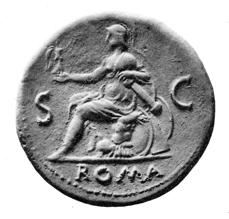 Römische Silbermünze mit der Darstellung der Roma, ca. 60 n. Chr. Bildnachweis: Prometheus Bildarchiv (dort nach: Moretti, G.: Ara Pacis Augustae, 1948, Abb. 180.)