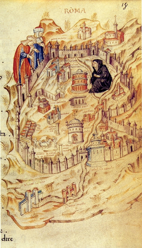 Plan von Rom mit Roma als altem Weib, In: Dittamondo: Fazio degli Uberti, 1447, f. 18r. Bildnachweis: Prometheus Bildarchiv (dort nach: Garms, J. (Hrsg.): Vedute di Roma – Dal Medioevo all‘Ottocento. 2 Bde. Bd. 1. 1995, S. 23, Abb. 5.)