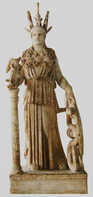 "Varvakion-Statuette", kleinformatige römische Kopie der Athena Parthenos des Phidias (Original: ca. 447 n. Chr.) Bildnachweis: Prometheus Bildarchiv (dort nach: Bruneau, P., Torelli, M. und Barral i Altet, X: Skulptur. Antike. 8. Jahrhundert v. Chr. bis 5. Jahrhundert n. Chr., 1996, S. 27, Abb. oben.)