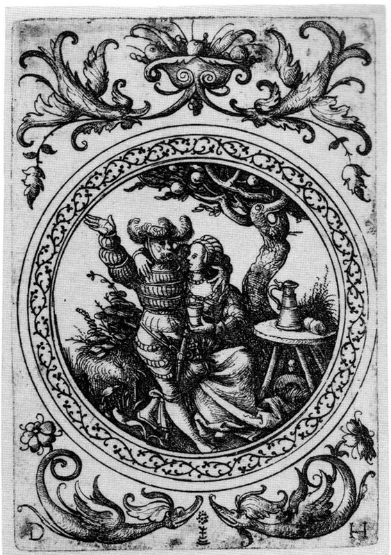 Daniel Hopfer, Ein Soldat umarmt eine Frau in einem Tondo, um 1515-1517. Bildnachweis: Christof Metzger: Daniel Hopfer. Ein Augsburger Meister der Renaissance. 2009, S. 182, Abb. 80.