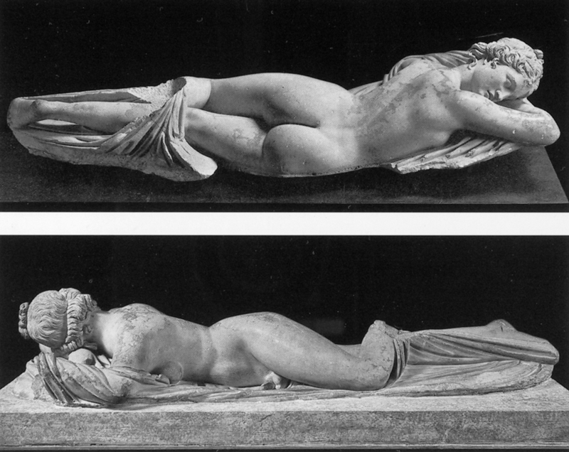 "Schlafender Hermaphrodit", römische Kopie nach späthellenistischem Vorbild (Original: ca. 2. Jh. v. Chr.). Bildnachweis: Prometheus Bildarchiv (dort nach: Andrae, B.: Skulptur des Hellenismus. 2001, Abb. 134 – 135.)