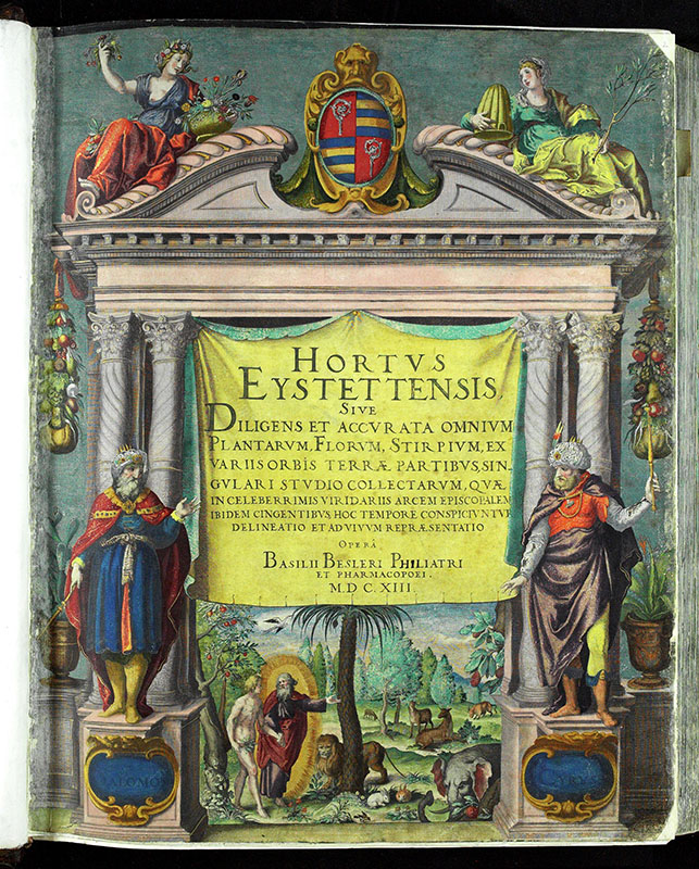 Hortus Eystettensis«, Titelbild (Blatt 2 r) Während Gottvater Adam in das Paradies einführt, repräsentieren die Förderer der Gartenkunst Salomo (links) das Alte Testament und Cyrus, König der Perser (rechts) das Altertum. Kolorierter Kupferstich, unbekannter Künstler Aus: Basilius Besler: Hortus Eystettensis. Nürnberg 1613. UBE H62/CIM.M12 (=TREW B 1b)