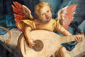 Ein Engel mit einer Laute, Detail aus der Mitteltafel des Tucher-Epitaphs, Sebalduskirche Nürnberg