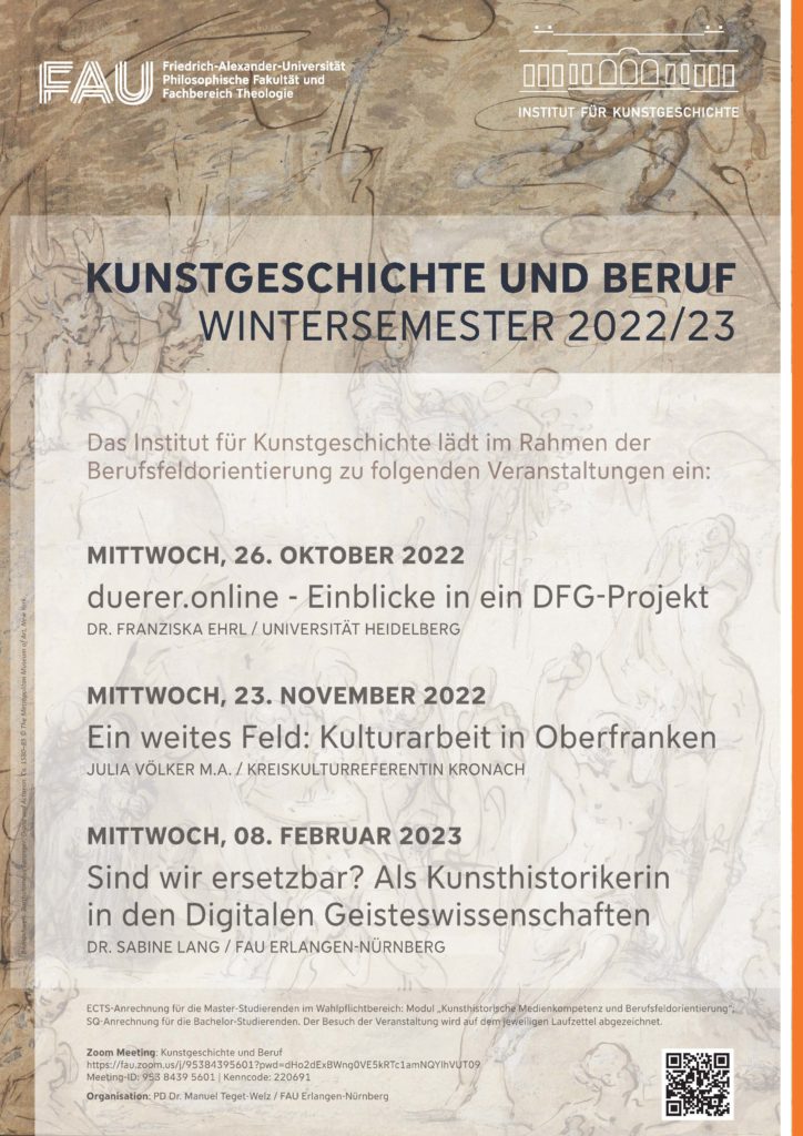 Plakat für die Vortragsreihe Kunstgeschichte und Beruf im WS 22/23