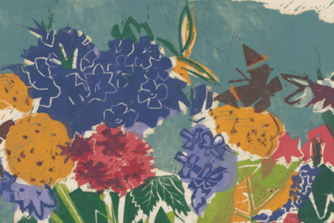 Kunstdruck mit Blumen und Schmetterling auf hellem Papier, starke, klare Farben