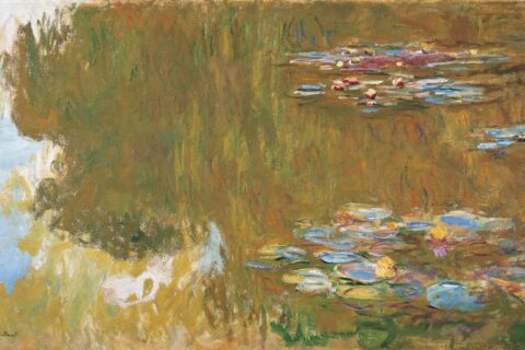 Impressionistisches Gemälde mit Blick auf die Wasseroberfläche eines Teiches mit Seerosen