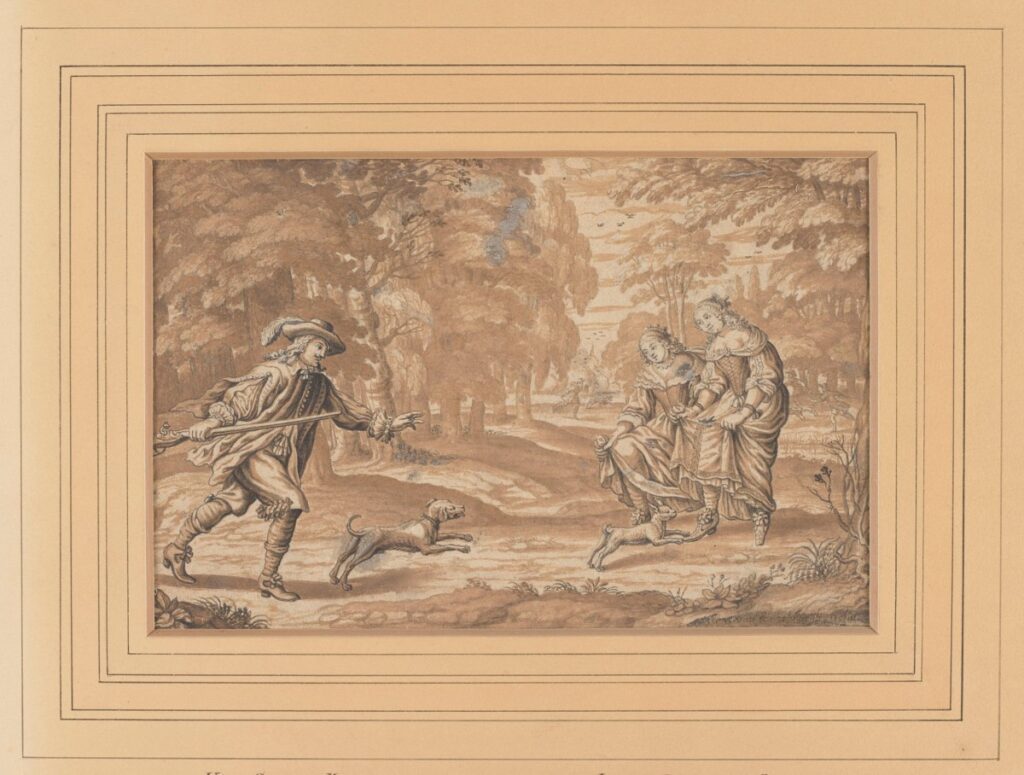 Charles als Jäger im Wald. Seine Hunde greifen zwei Damen an.