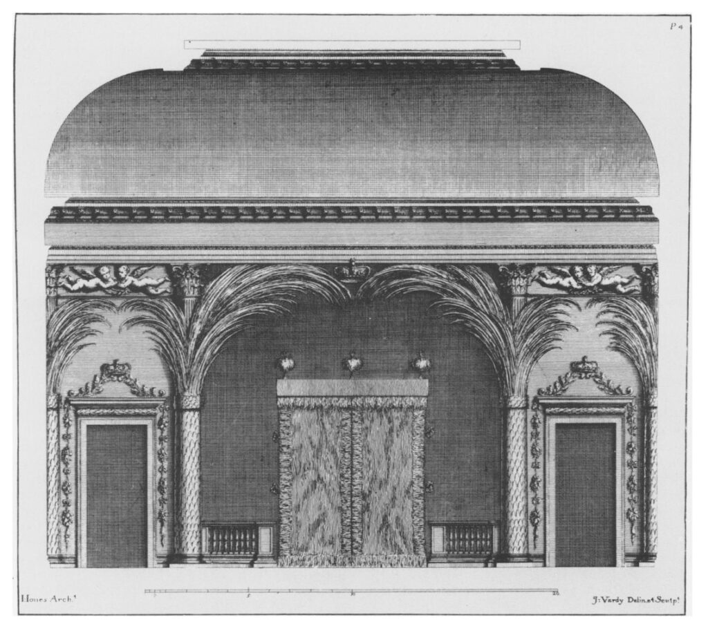 Entwurfszeichnung eines mit Palmen geschmückten Alkoven für Charles II im Greenwich Palace.