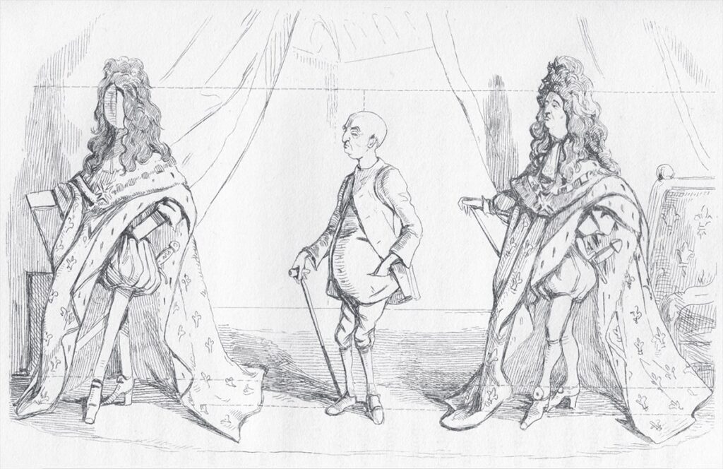 Karikatur Louis XIV, in der durch drei Figuren gezeigt wird, dass sich ein König durch seine Kleider auszeichnet.