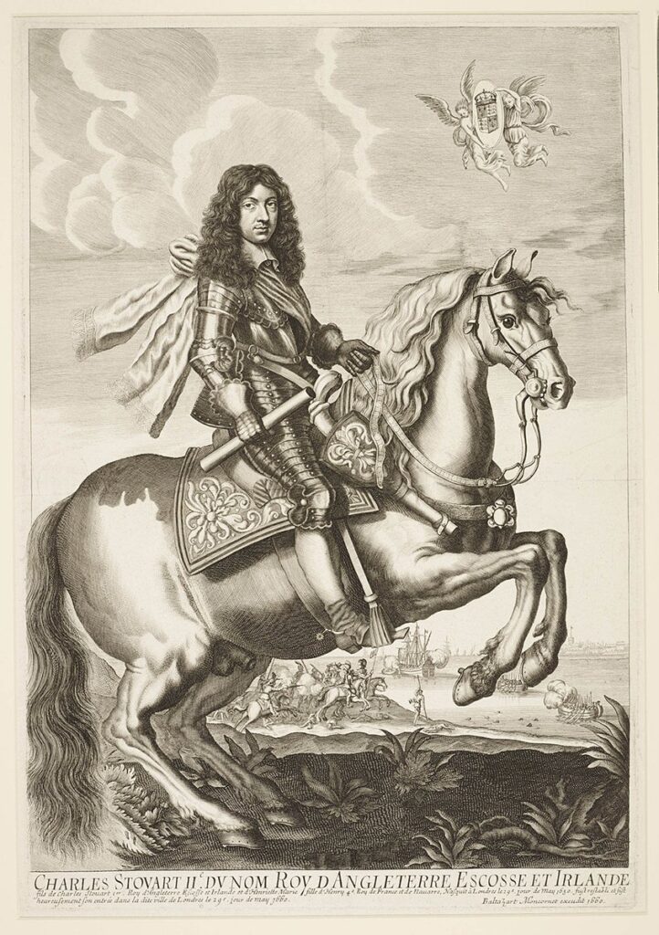 Stich von Charles II der in voller Rüstung auf einem Pferd sitzt.
